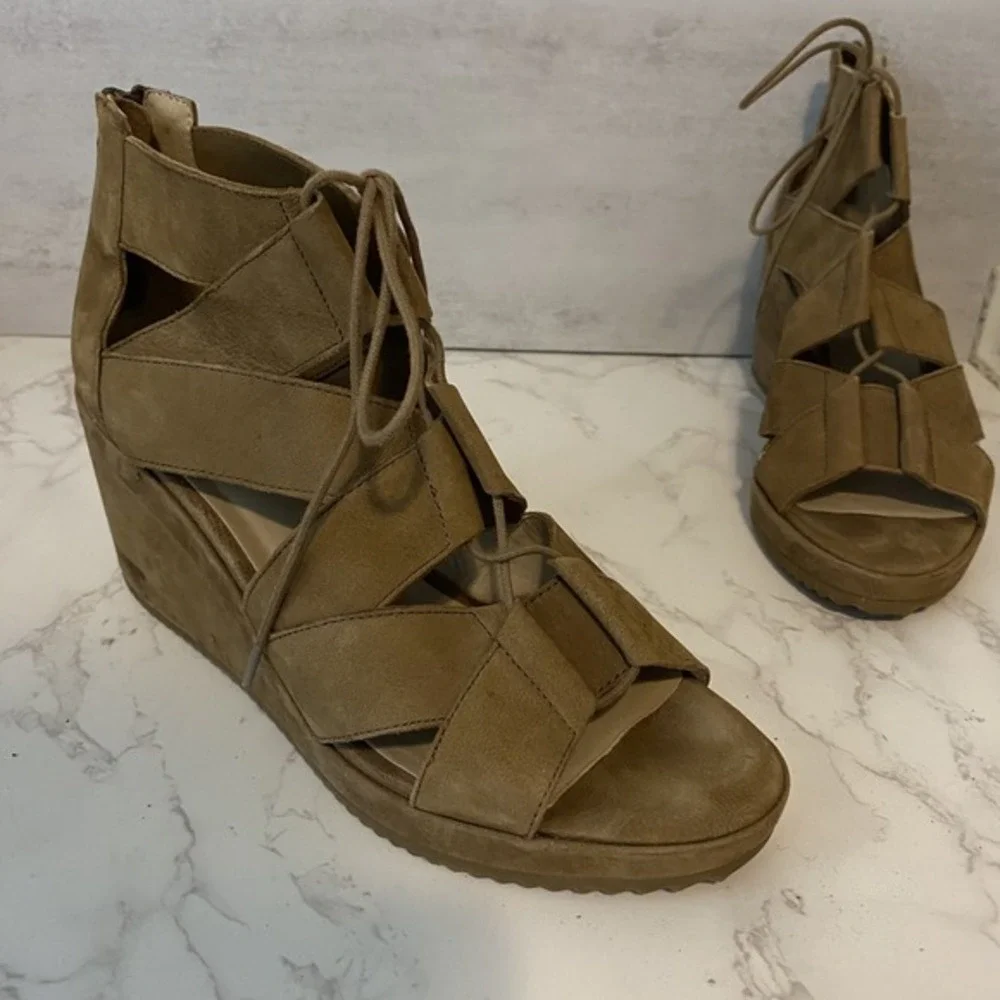 Eileen Fisher Lace Up‎ Sandals Sz 8 Tan Leather Suede Peep Toe Wedge Heel